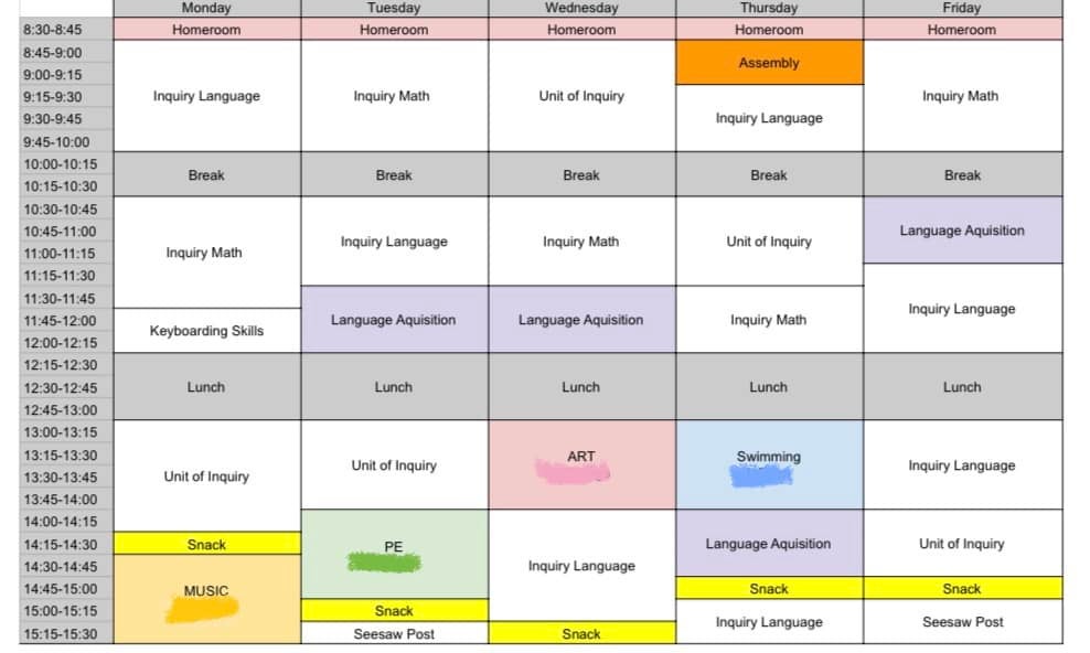 学校の時間割 新しく通い始めたシンガポールのインターナショナルスクールの時間割